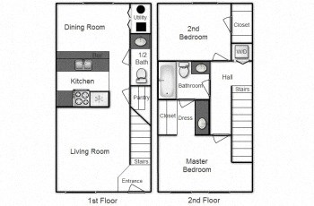 Floor plan for 2 beds, 1.5 baths